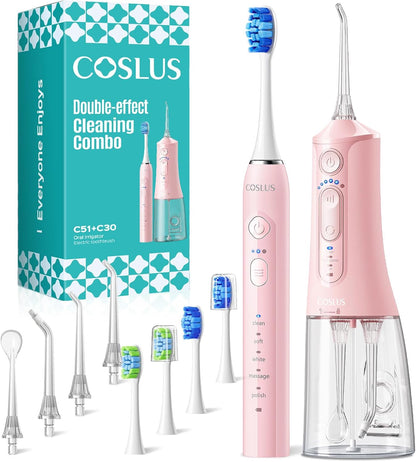 COSLUS C51C30 Water Flosser Electric Toothbrush Combo, Pink Oral Clean Kit