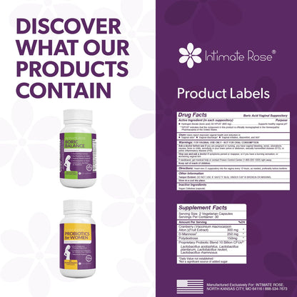 Intimate Rose Combo Pack! Flora Bloom Probiotics for Women (One Bottle) and Boric Balance Boric Acid
