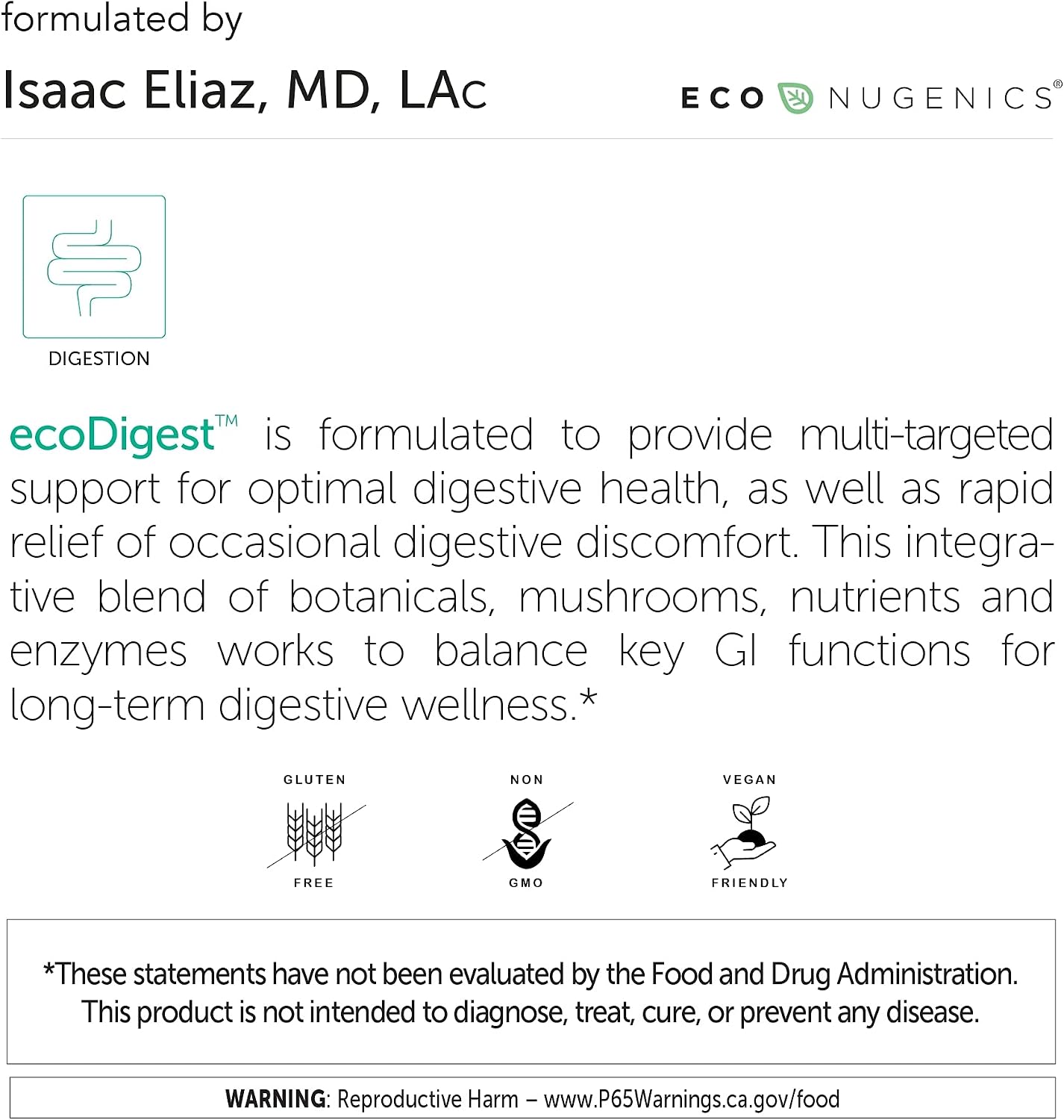 EcoNugenics EcoDigest Digestive Health Supplement - 60 Capsules- Digestive Support - Herbs, Medicinal Mushrooms & Enzymes