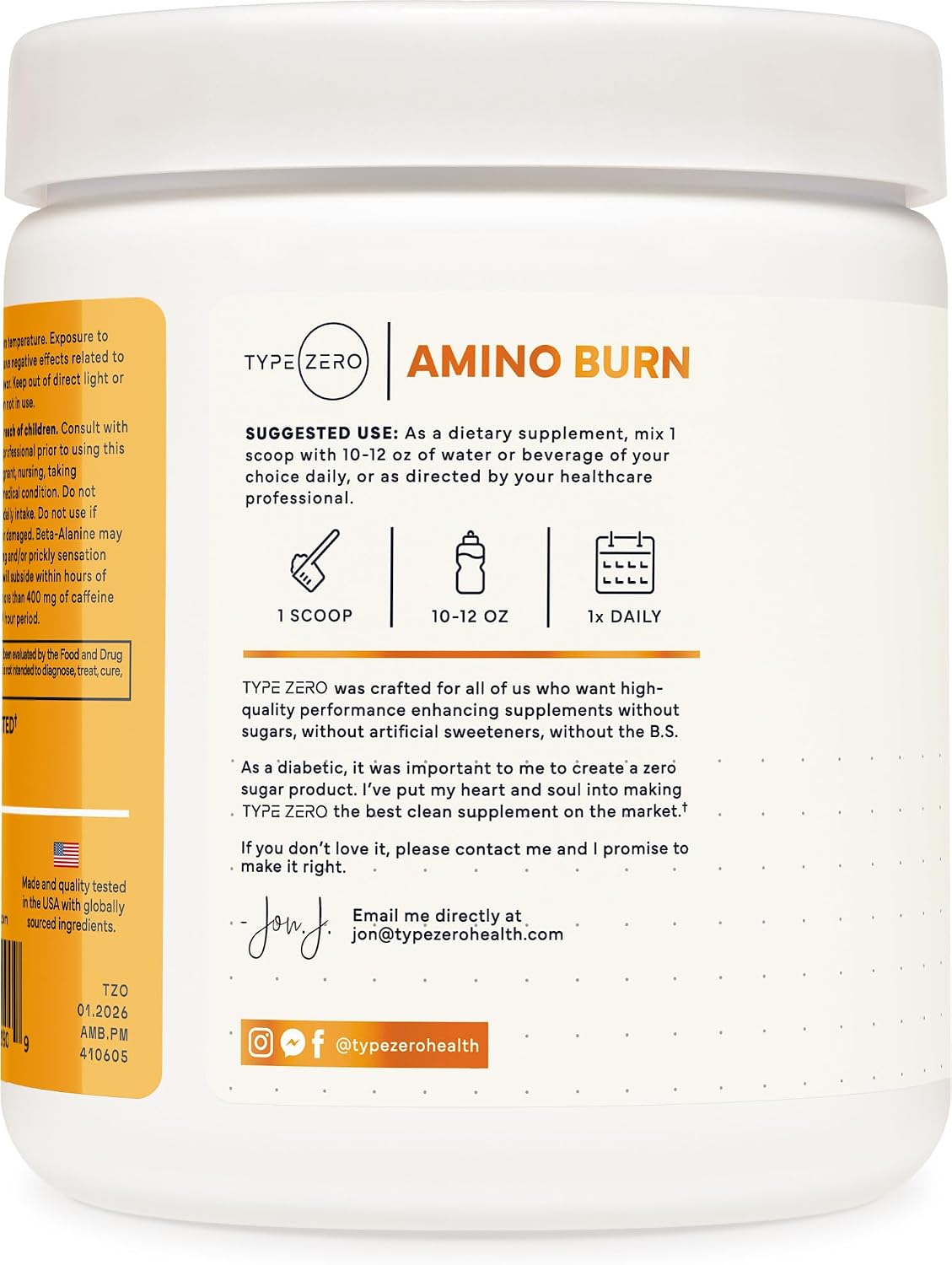 Type Zero Amino Burn (Peach Mango) 30 Servings, Clean Pre Workout