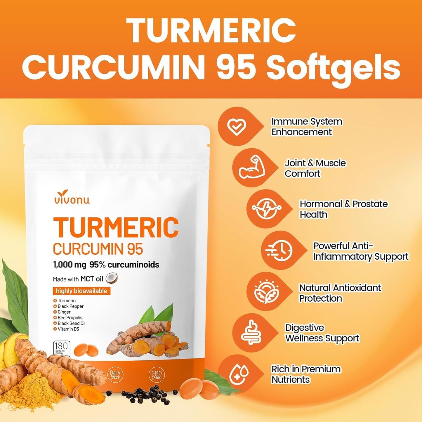 10-in-1 Turmeric Supplement Softgels, 95% Curcumin for 1000mg, Made Mct Oil, 60-Day Supply with Black Pepper, Ginger, Propolis Powder, Black Seed Oil, Saw Palmetto Oil, Zinc, Vitamin D3, E & More