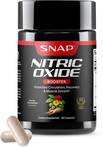 Snap Supplements Nitric Oxide Booster for Men & Women, 60 Vegan Capsules | Nitric Oxide Supplement, L-Citrulline + 3 Forms of L-Arginine for Stamina, Endurance & Circulation, Caffeine-Free Pre-Workout