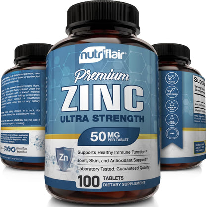 NutriFlair Zinc Gluconate 50mg, 100 Tablets - High Potency Immune System Booster Supplement Pills, Immunity Defense, Powerful Natural Antioxidant, Non-GMO, Compare with zinc picolinate, citrate, oxide