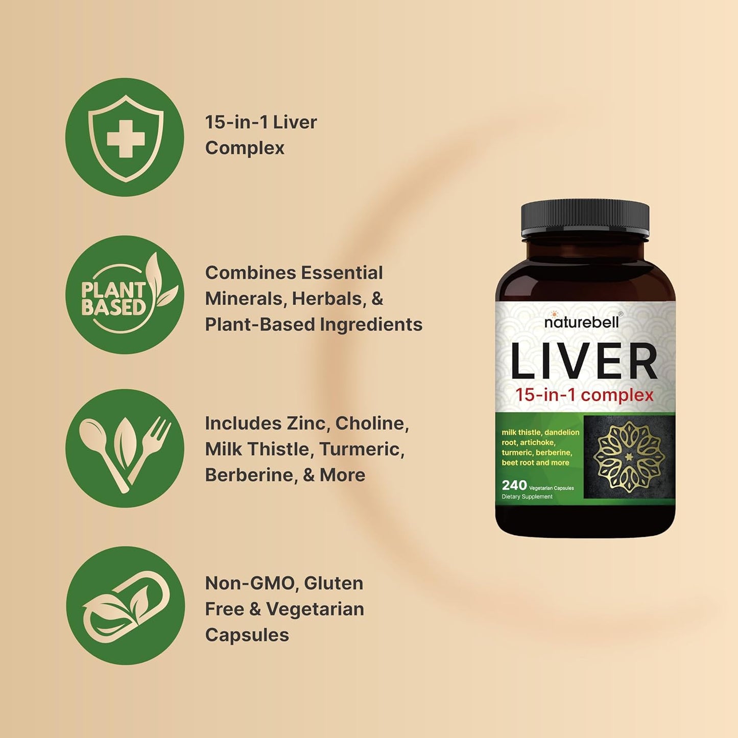 Liver 15-in-1 Complex, 240 Veggie Capsules | Herbal & Mineral Blend - Milk Thistle, Dandelion Root, Artichoke, Black Currant Oil, Turmeric, Chicory, Zinc, Choline, & More | Non-GMO