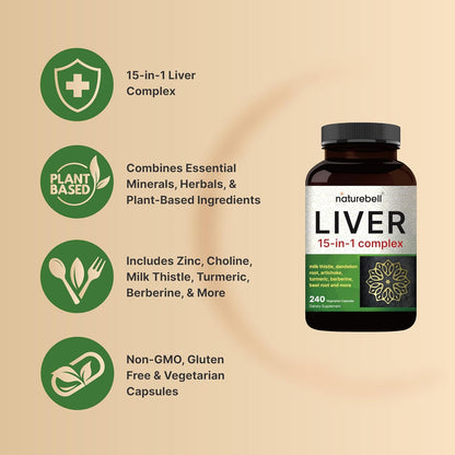 Liver 15-in-1 Complex, 240 Veggie Capsules | Herbal & Mineral Blend - Milk Thistle, Dandelion Root, Artichoke, Black Currant Oil, Turmeric, Chicory, Zinc, Choline, & More | Non-GMO