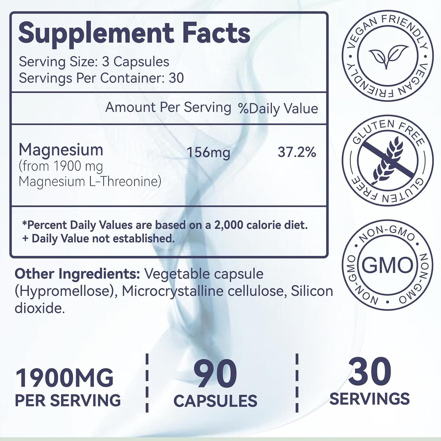 Magnesium L-Threonine, High Absorption Magnesium Supplement,90 Capsules | 1900mg Magnesium Threonine,Gluten Free,Vegan Capsules, 30 Day Supply