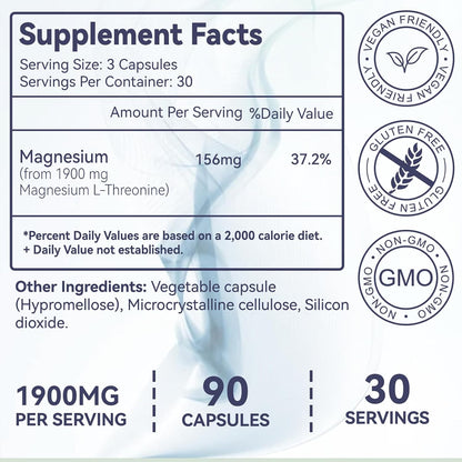 Magnesium L-Threonine, High Absorption Magnesium Supplement,90 Capsules | 1900mg Magnesium Threonine,Gluten Free,Vegan Capsules, 30 Day Supply
