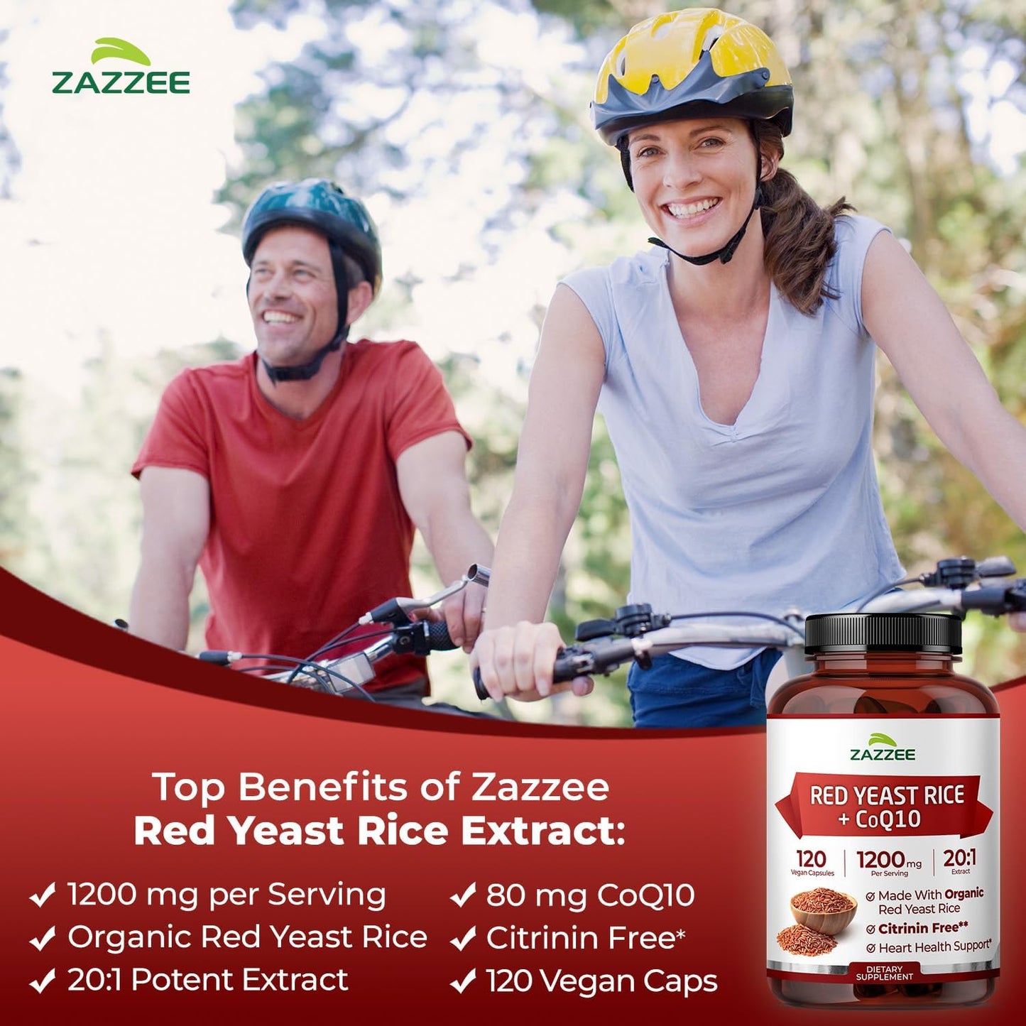 Zazzee Organic Red Yeast Rice 20:1 Extract with CoQ10, Citrinin-Free, 1200 mg per Serving, 80 mg CoQ10, 120 Vegan Capsules, Healthy Heart & Cardiovascular Support, Non-GMO, Made in the USA