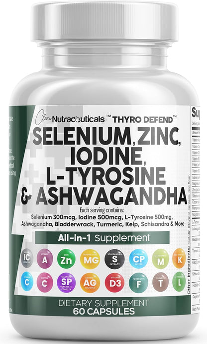 Clean Nutra Selenium 300mcg Iodine 500mcg Thyroid Support for Women & Men | L Tyrosine 500mg Ashwagandha Supplement Bladderwrack, Turmeric, Kelp, Schisandra Zinc Pills Capsule Supplements