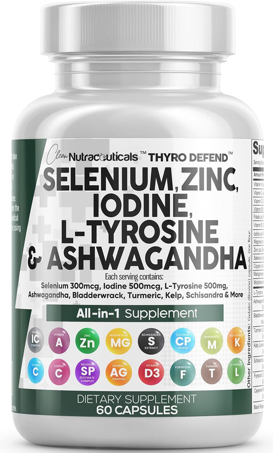 Clean Nutra Selenium 300mcg Iodine 500mcg Thyroid Support for Women & Men | L Tyrosine 500mg Ashwagandha Supplement Bladderwrack, Turmeric, Kelp, Schisandra Zinc Pills Capsule Supplements