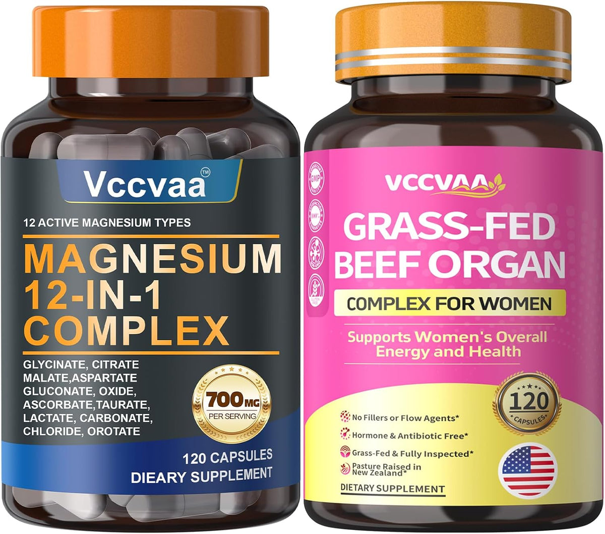 Magnesium Complex 700mg & Beef Organ Supplement for Women, for Muscle, Zzz, Hormone, Energy & Skin Support
