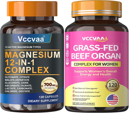 Magnesium Complex 700mg & Beef Organ Supplement for Women, for Muscle, Zzz, Hormone, Energy & Skin Support