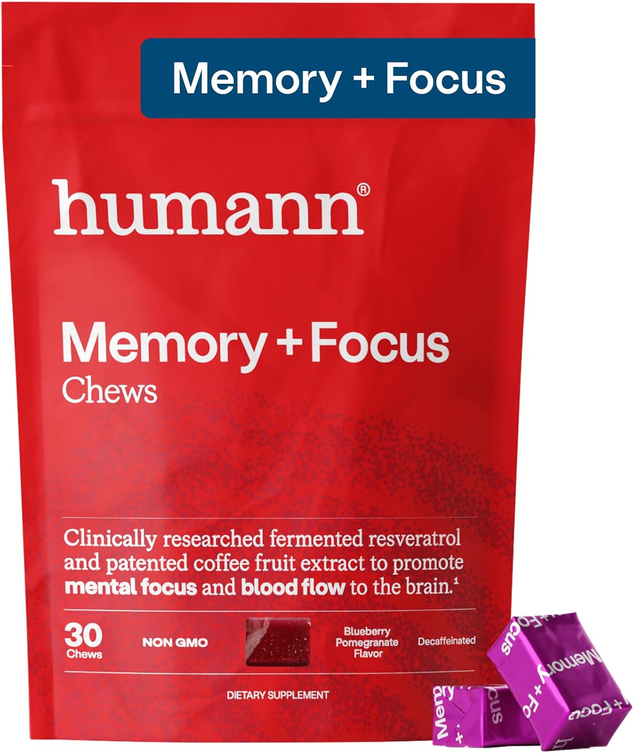 HumanN Memory and Focus Chews, Brain Supplement for Mental Alertness with Beet Root Powder, Clinically Studied Nootropics, Resveratrol Plus Beet Root Powder, Blueberry Pomegranate Flavor, 30 Count