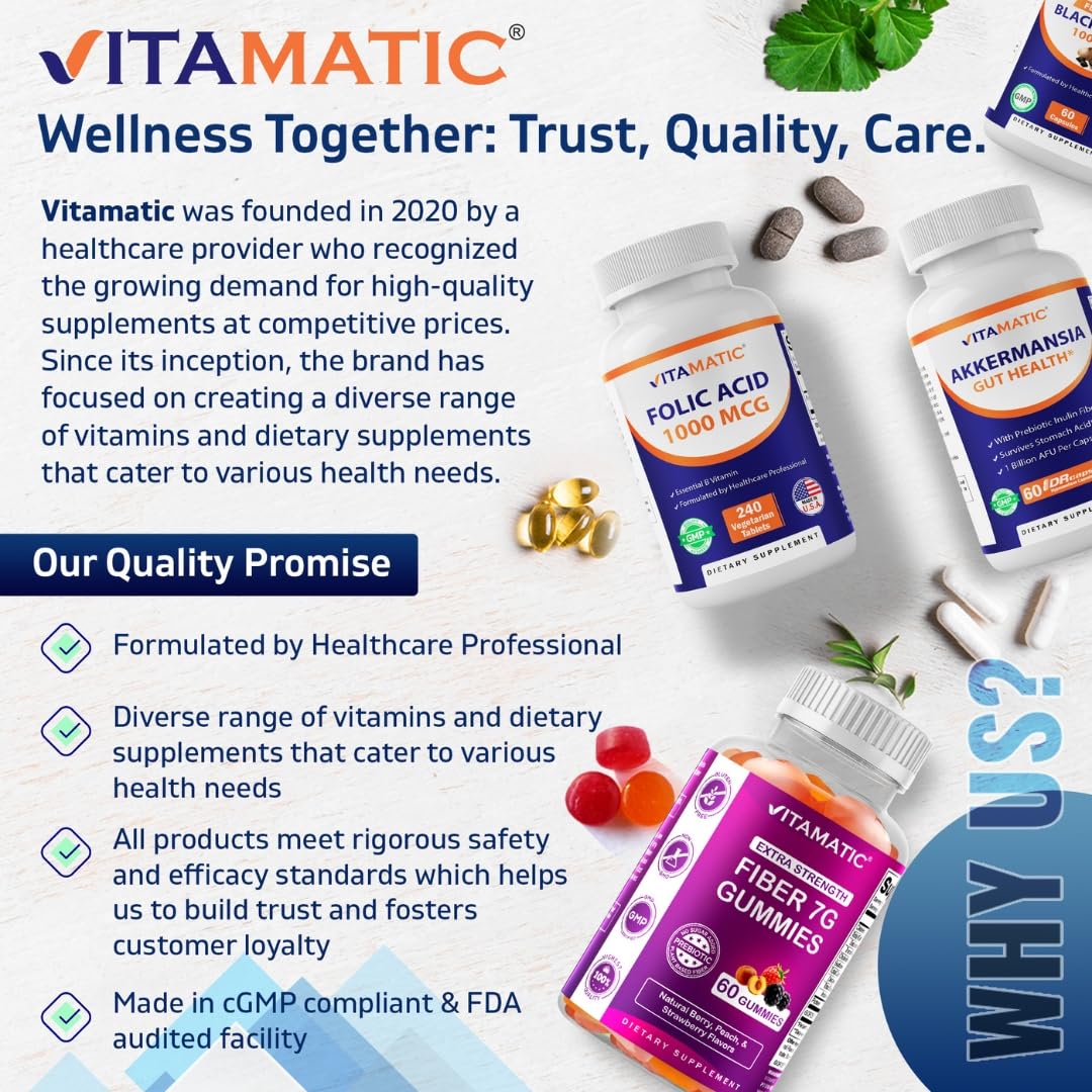 Vitamatic Folic Acid 1000 mcg (1 mg), 240 Vegetarian Tablets | Vitamin B9 | 1667 mcg DFE Folate, Support Healthy Cell Growth*, Red Blood Cell Formation*, Gluten Free, Non-GMO, Made in USA