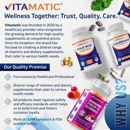 Vitamatic Folic Acid 1000 mcg (1 mg), 240 Vegetarian Tablets | Vitamin B9 | 1667 mcg DFE Folate, Support Healthy Cell Growth*, Red Blood Cell Formation*, Gluten Free, Non-GMO, Made in USA