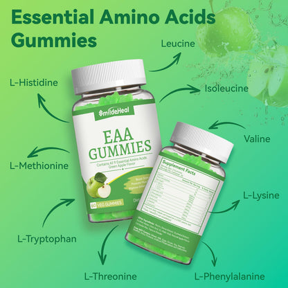EAA Gummies, Essential Amino Acids, Apple Flavor, 60 Vegan Gummies | All 9 Essential Aminos (EAA) and All Branched-Chain Aminos (BCAAs) for Muscle Recovery, Energy Support, Non-GMO, Gluten Free