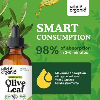 Wild & Organic Olive Leaf Extract Liquid Drops - Immune & Antioxidant Support - Oleuropein Supplement - Add to Tea Olive Leaf Tincture - Vegan, Sugar & Alcohol Free - 4 fl oz