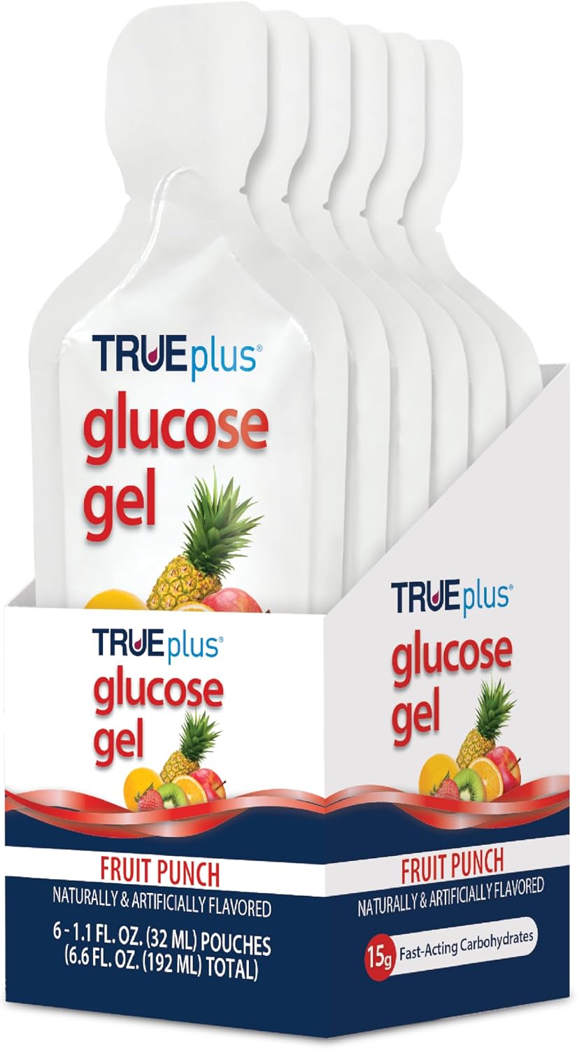 TRUEplus Glucose Gel Pouch, 15g Carbohydrates, Fruit Punch Flavor, 6 Pack | 15g Fast-Acting Carbohydrates Per Serving, Fat Free, Gluten Free, Boosts Energy, Great Tasting and Easy to Use