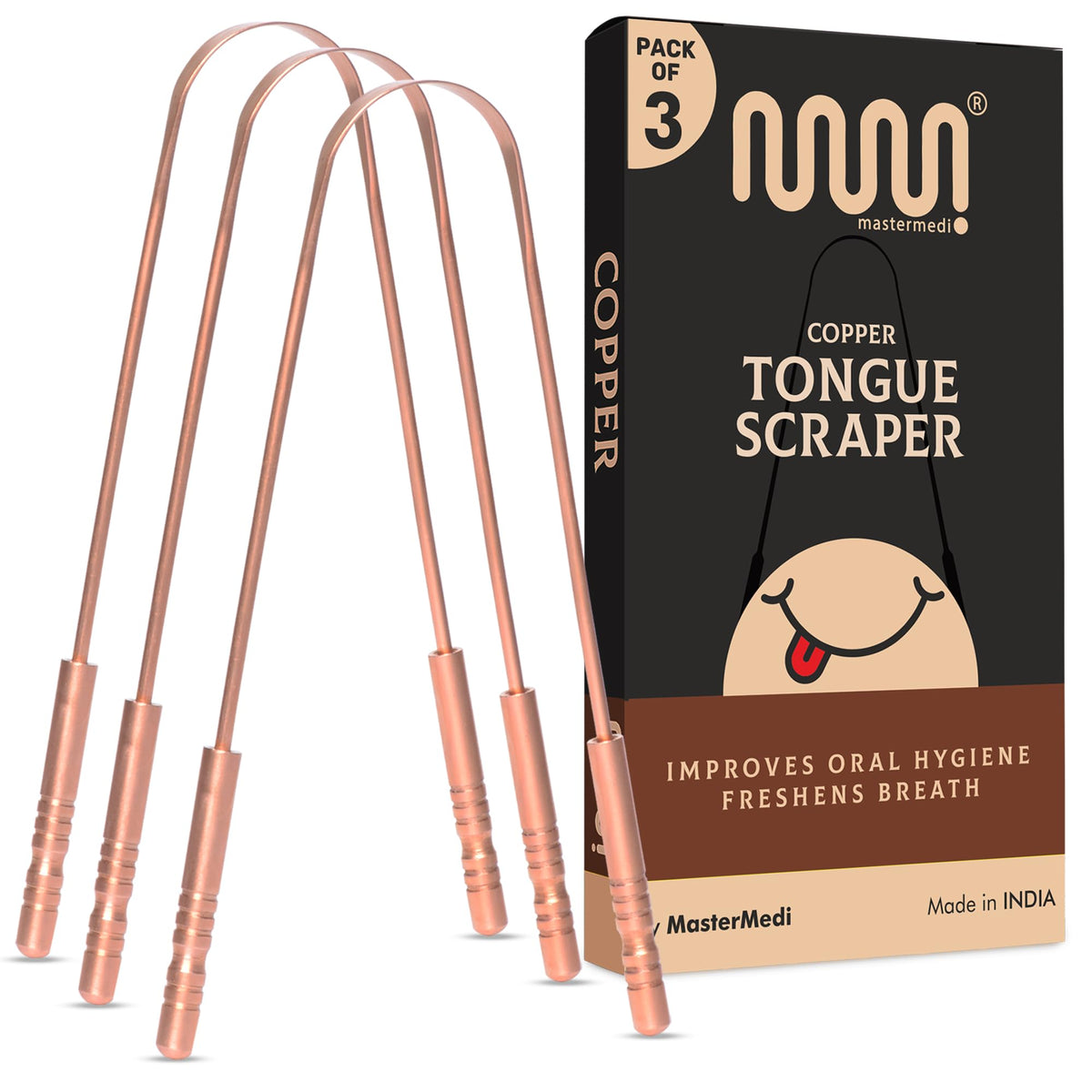MasterMedi Tongue Scraper for Adults, 100% Stainless Steel Tongue Scrubber for Bad Breath, Easy to Use, Tongue Cleaner for Oral Care & Hygiene (SPTC-1|with Case)