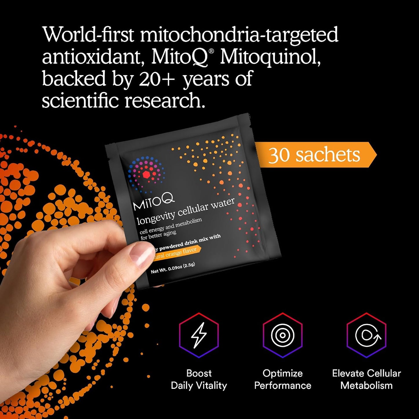 MitoQ Longevity Cellular Water Daily Powdered Drink Mix Natural Orange Flavor - Mitochondria-targeted Antioxidant - Cell Energy and Metabolism for Better Aging (Orange, 30 Packets)