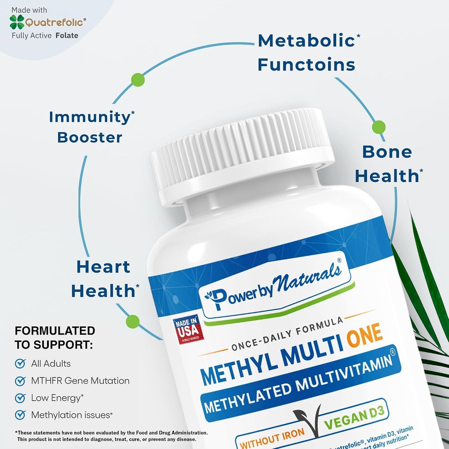 Power By Naturals Methyl Multi One – Iron-Free Methylated Multivitamin with 5-MTHF, Methyl B12 & CoQ10 – Methylation Support for Men & Women – Vegan, Non-GMO – 60 Capsules (2-Month Supply) | With 5-MTHF, Methyl B12 & CoQ10 - Methylation Daily Support for