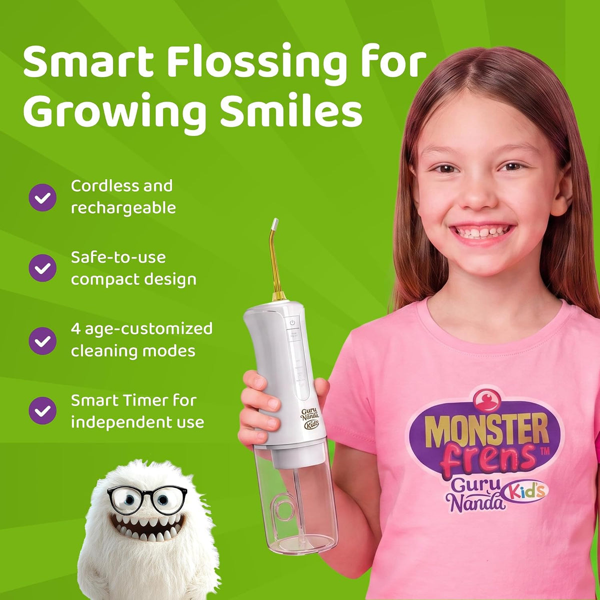 GuruNanda Kids Water Flosser Cordless, Braces-Friendly, Ages 6+, White, 1ct