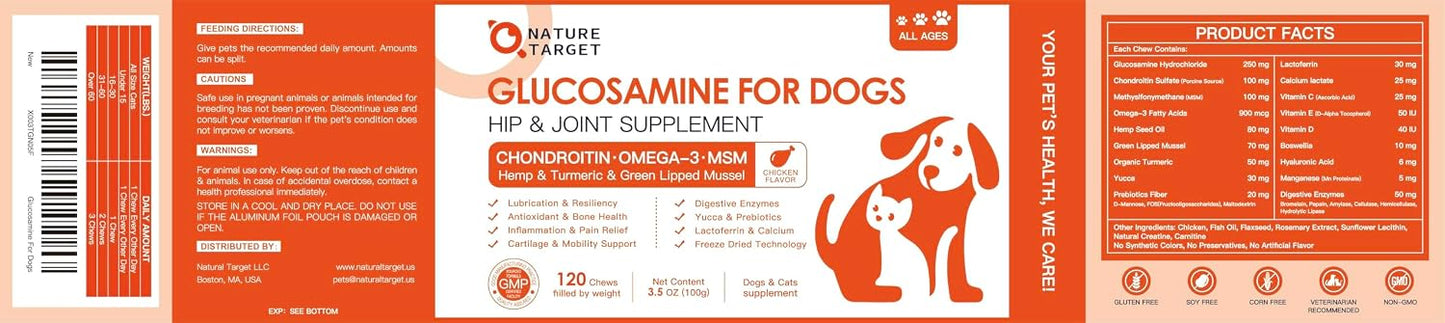 NATURE TARGET Glucosamine for Dogs, Hip and Joint Supplement, 120 Bites | Freeze-Dried Crunchy Chews, Chicken Flavored Mobility Treats, Chondroitin, MSM, Omega-3, Ideal for Senior, Large & Active Dog