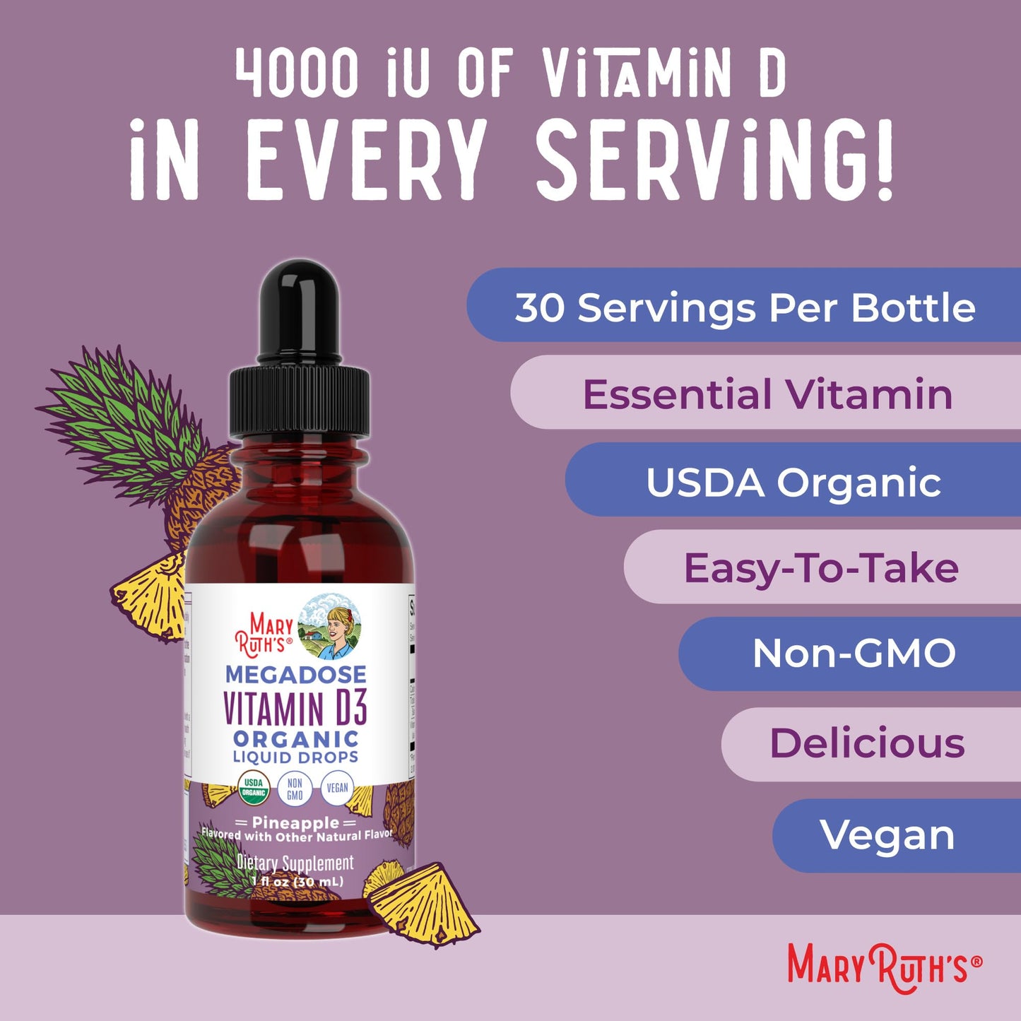 MARYRUTH'S Vitamin D3 Liquid Drops | Megadose 4000 IU | USDA Organic Liquid Vitamin D Spray for Adults & Kids | Immune Support & Bone Health | Vegan | Gluten Free | Non-GMO | 30 Servings