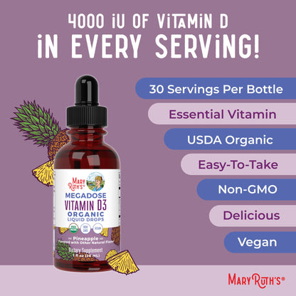 MARYRUTH'S Vitamin D3 Liquid Drops | Megadose 4000 IU | USDA Organic Liquid Vitamin D Spray for Adults & Kids | Immune Support & Bone Health | Vegan | Gluten Free | Non-GMO | 30 Servings