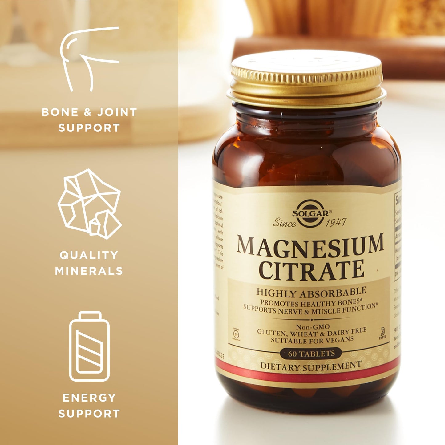 Solgar Magnesium Citrate, 120 Tablets - Promotes Healthy Bones - Supports Nerve & Muscle Function - Non GMO, Vegan, Gluten Free, Dairy Free, Kosher - 60 Servings, Standard Packaging