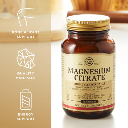 Solgar Magnesium Citrate, 120 Tablets - Promotes Healthy Bones - Supports Nerve & Muscle Function - Non GMO, Vegan, Gluten Free, Dairy Free, Kosher - 60 Servings, Standard Packaging