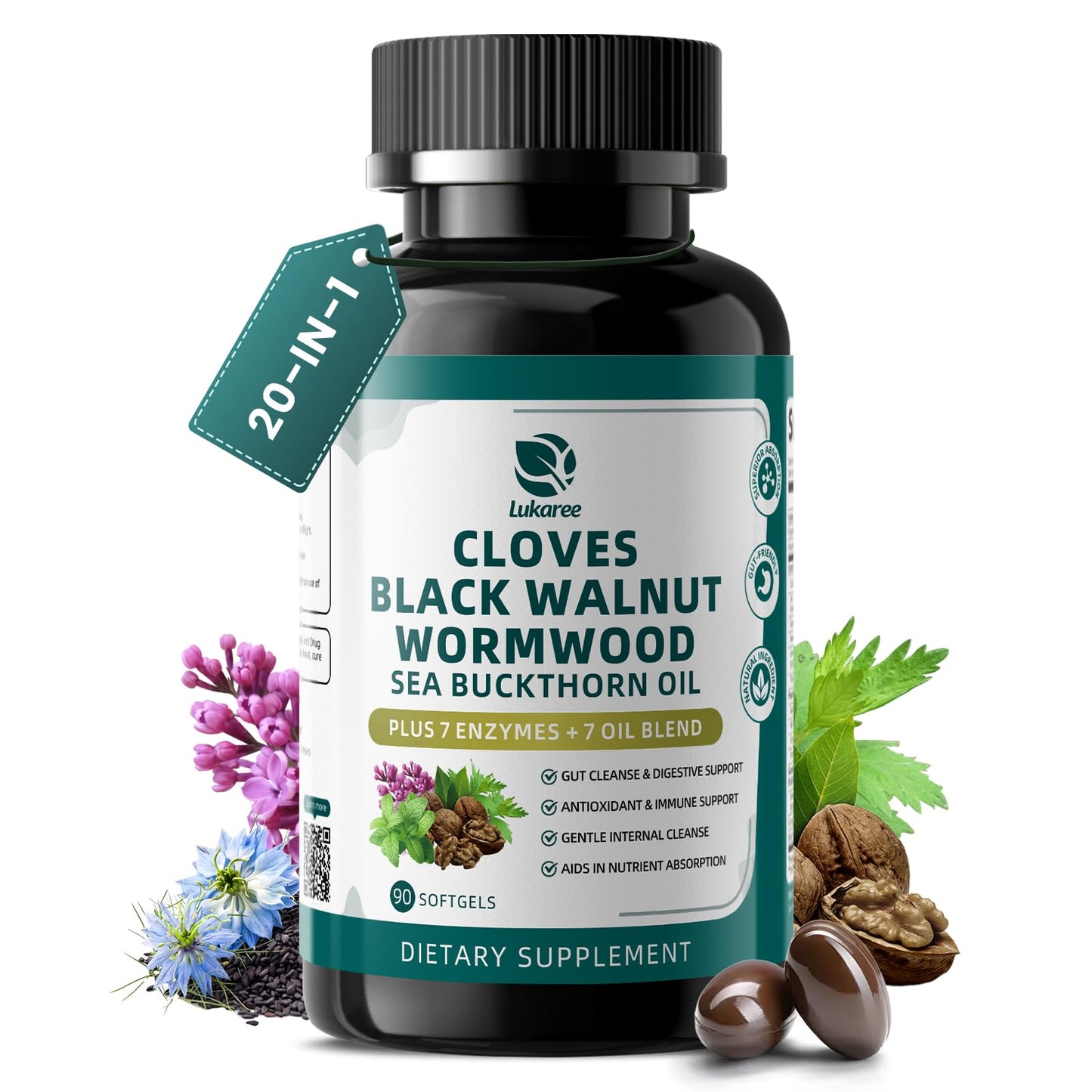 Wormwood Black Walnut Clove Cleanse for Humans Softgels | 20-in-1 Extra Strength | Gut Cleanse & Digestive Health w/ 7 Oils & 7 Enzymes| Concentrated, Men & Women Natural Herb -120 CT