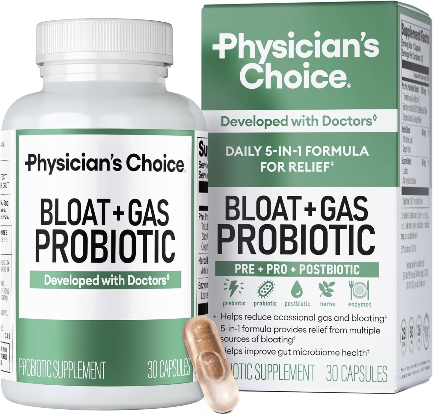 Physician's CHOICE Bloat & Gas Probiotic 5-in-1 Proactive Support + Daily Relief - Digestion & Gut Health- Herbals, Digestive Enzymes, Post & Prebiotics - Gas Relief for Adults - Women & Men - 30ct