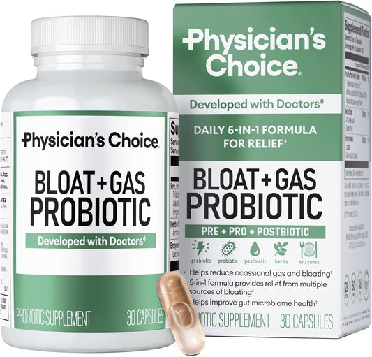 Physician's CHOICE Bloat & Gas Probiotic 5-in-1 Proactive Support + Daily Relief - Digestion & Gut Health- Herbals, Digestive Enzymes, Post & Prebiotics - Gas Relief for Adults - Women & Men - 30ct