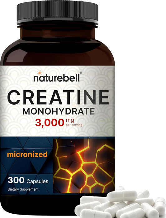 NatureBell Creatine Monohydrate Capsules 3,000mg Per Serving, 300 Count | Micronized, Unflavored Creatine Pills | Pre-Workout & Muscle Strength Support | Easy to Swallow, Filler-Free | 50 Servings