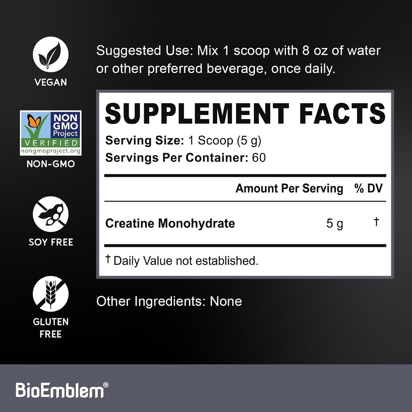 BioEmblem Creatine Monohydrate Powder - Unflavored Micronized Creatine Easily Mixes - Muscle Strength, Workout Recovery, Exercise Performance - 300g Creatine Supplement - Non-GMO, Vegan