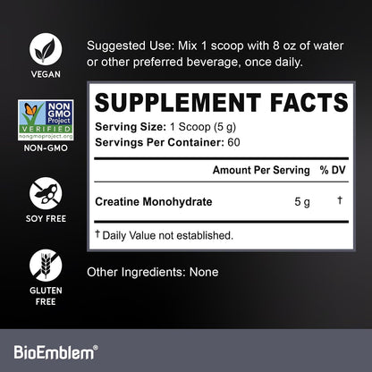 BioEmblem Creatine Monohydrate Powder - Unflavored Micronized Creatine Easily Mixes - Muscle Strength, Workout Recovery, Exercise Performance - 300g Creatine Supplement - Non-GMO, Vegan