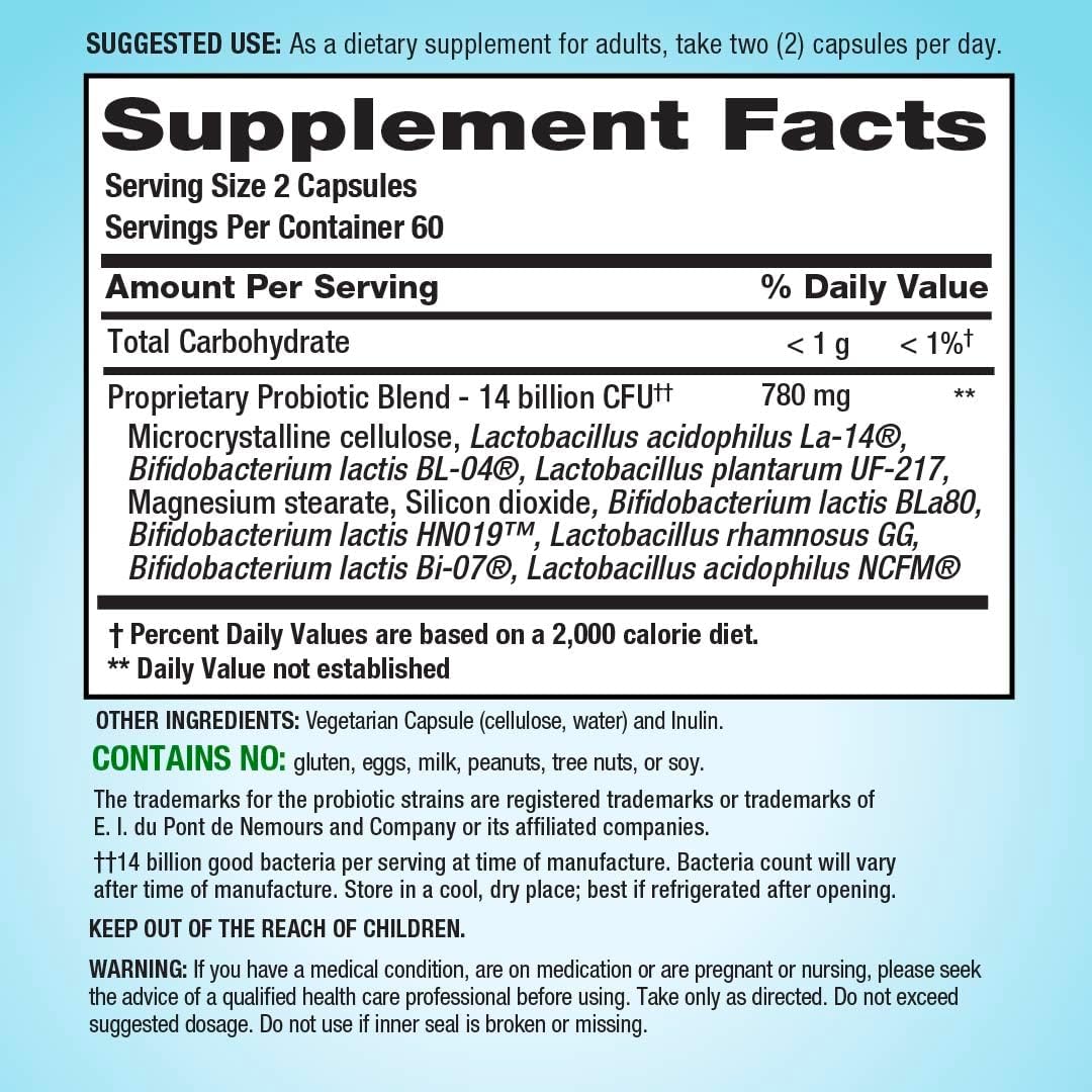 PB8 Probiotic | 14 Billion CFU | 120 Vegetarian Capsules | 8 Strains | for Women and Men | Gluten, Milk, and Soy Free Supplement
