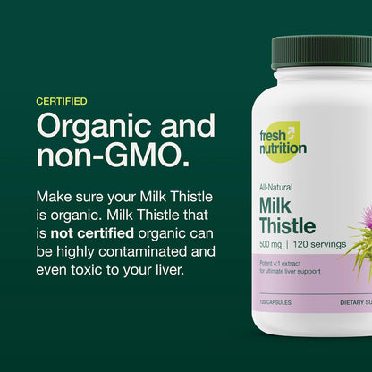 Fresh Nutrition Organic Milk Thistle Supplement - Potent Strength – 4 Month Supply – Silymarin Thistle Seed Standardized Extract 4:1 - Made in The USA - 120 Capsules