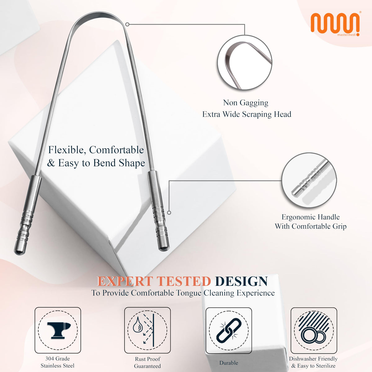 MasterMedi Tongue Scraper for Adults, 100% Stainless Steel Tongue Scrubber for Bad Breath, Easy to Use, Tongue Cleaner for Oral Care & Hygiene (SPTC-1|with Case)