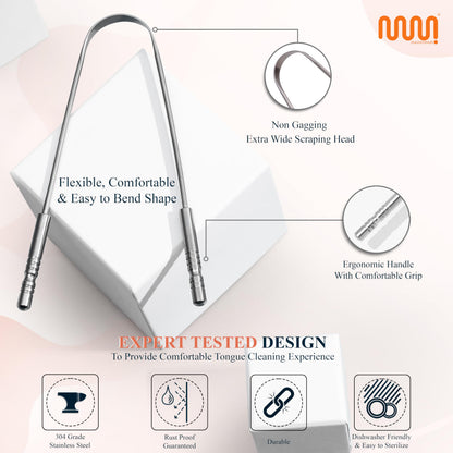 MasterMedi Tongue Scraper for Adults, 100% Stainless Steel Tongue Scrubber for Bad Breath, Easy to Use, Tongue Cleaner for Oral Care & Hygiene (SPTC-1|with Case)