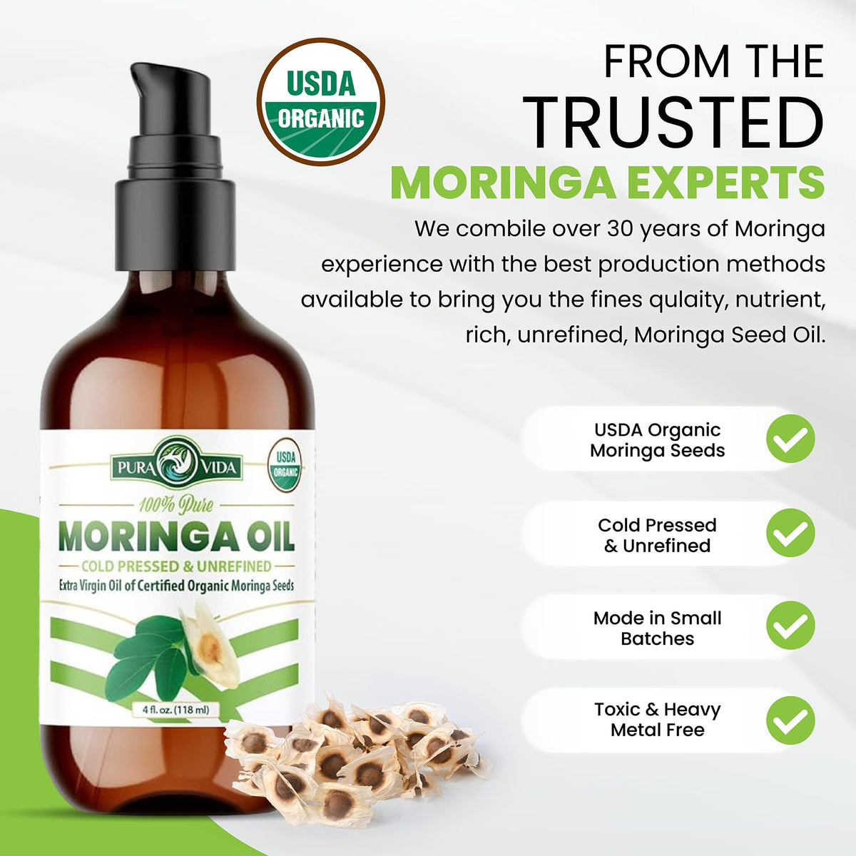 100% Pure Moringa Oil Organic for Face, Hair, Nails and Dry Skin - USDA Certified Single