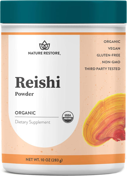Nature Restore Organic Reishi Mushroom Powder (10 oz). Pure Ganoderma Lucidum Adaptogen for Stress and Immune Support, Bulk Whole Mushroom Powder for DIY Coffee