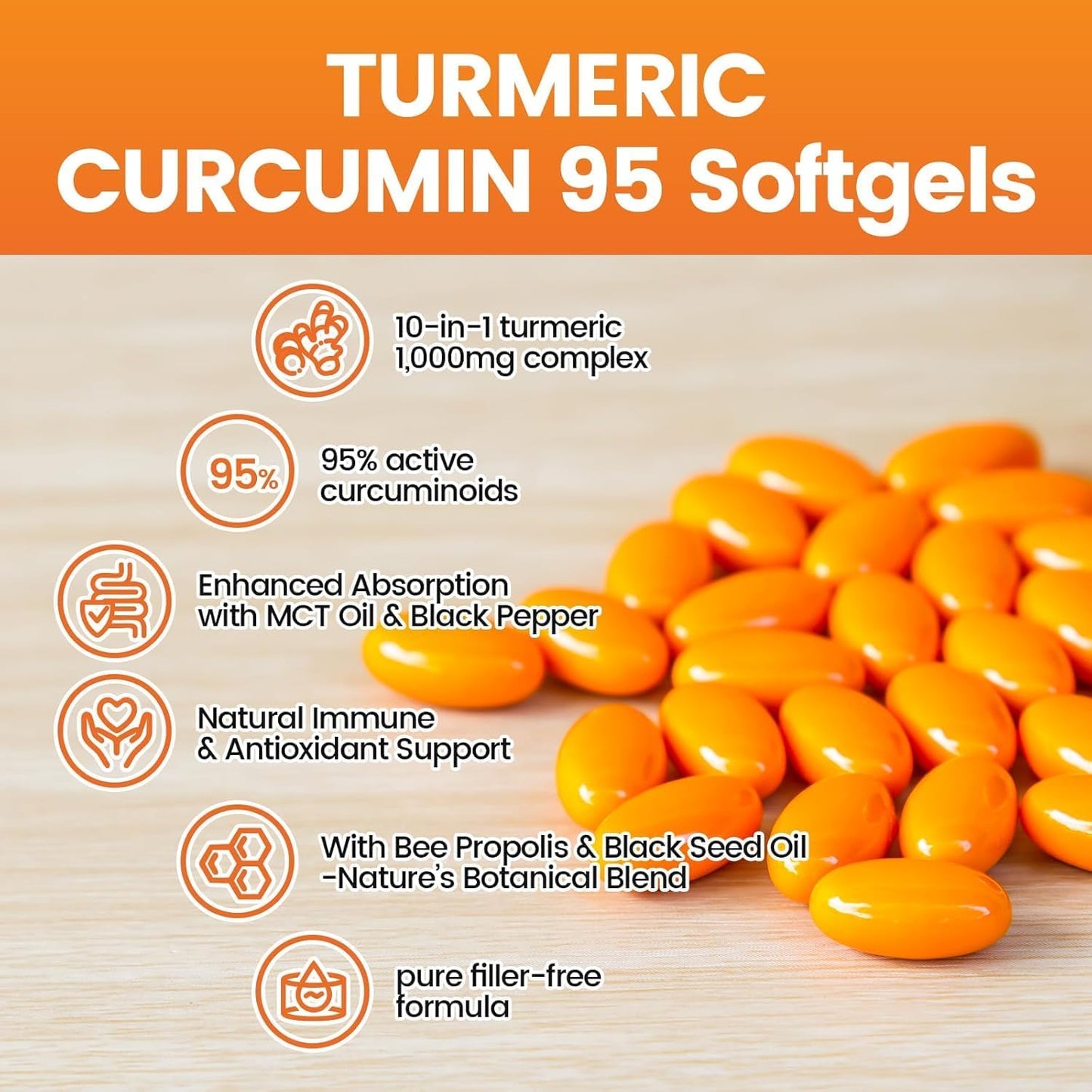 10-in-1 Turmeric Supplement Softgels, 95% Curcumin for 1000mg, Made Mct Oil, 60-Day Supply with Black Pepper, Ginger, Propolis Powder, Black Seed Oil, Saw Palmetto Oil, Zinc, Vitamin D3, E & More
