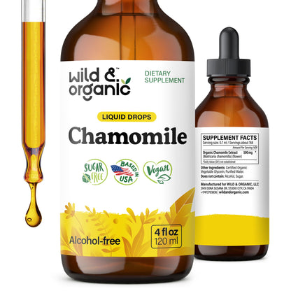 Wild & Organic Chamomile Flowers Drops - Add to Tea for Relaxation Support - 500 mg Chamomile Extract Liquid Drops - Calming Herbal Supplement - 56-Day Supply - Vegan, Sugar & Alcohol-Free - 4 fl oz