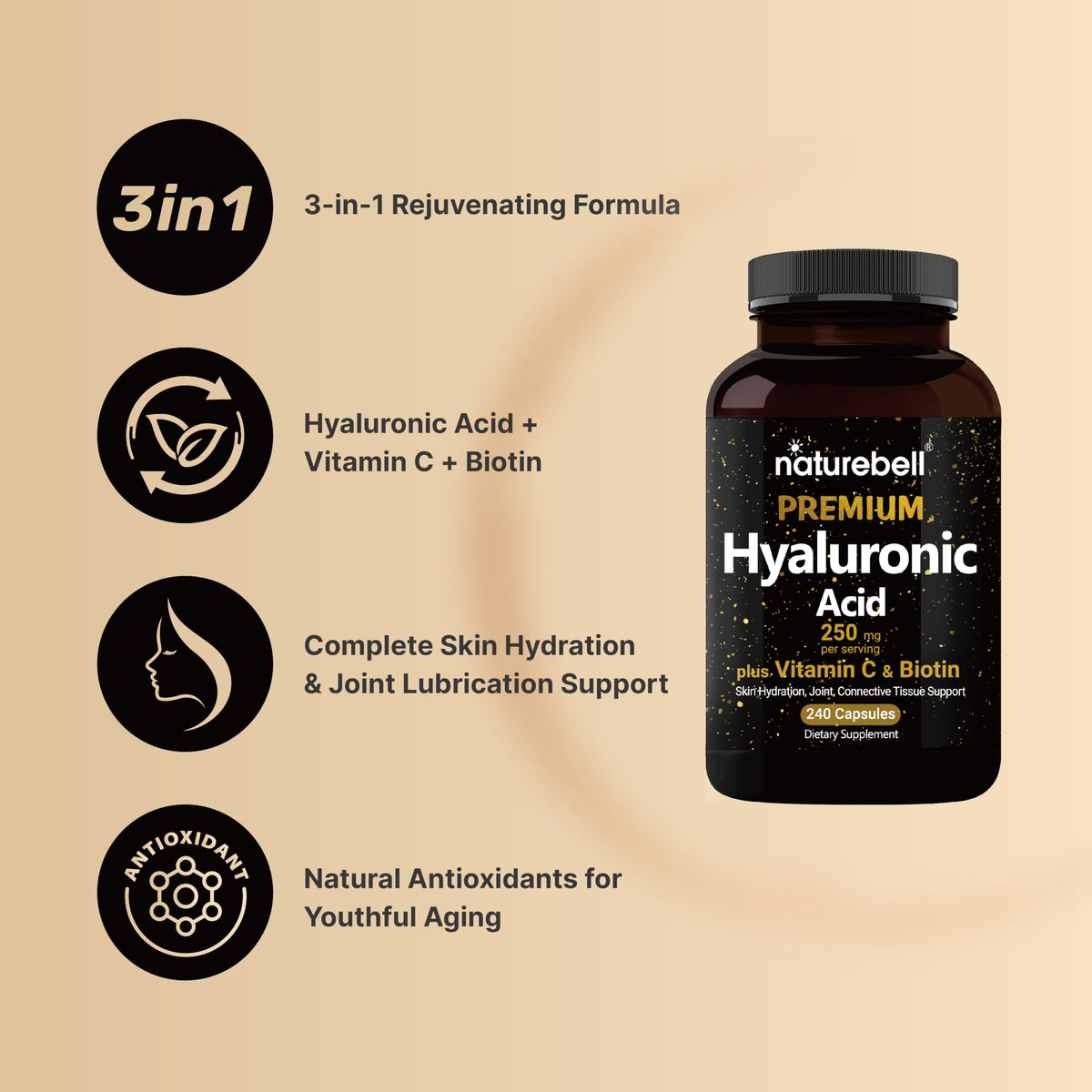 NatureBell Hyaluronic Acid Supplements 250mg | 240 Capsules, with Biotin 5000mcg