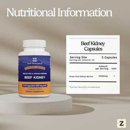Zen Principle Grass Fed Beef Kidney Supplement, 420 Capsules, 3000mg. DAO Enzyme for Histamine Health. Selenium and B12 for Thyroid Support.
