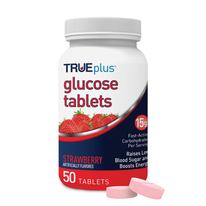 TRUEplus Glucose Tablets, Grape, Raspberry, Orange Flavors, 50 Count | Chewable Tablets, 15g Fast-Acting Carbohydrates, Fat Free, Gluten Free, Boosts Energy, Great Tasting and Easy to Use