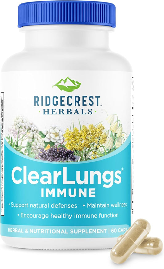 RidgeCrest Herbals ClearLungs Immune Mullein, Elderberry and Zinc 60 Ct | 30 Servings, Vitamin C and A, Olive Leaf, Mullein, Natural Respiratory Wellness, Vegan Capsules, Daily Immune Blend
