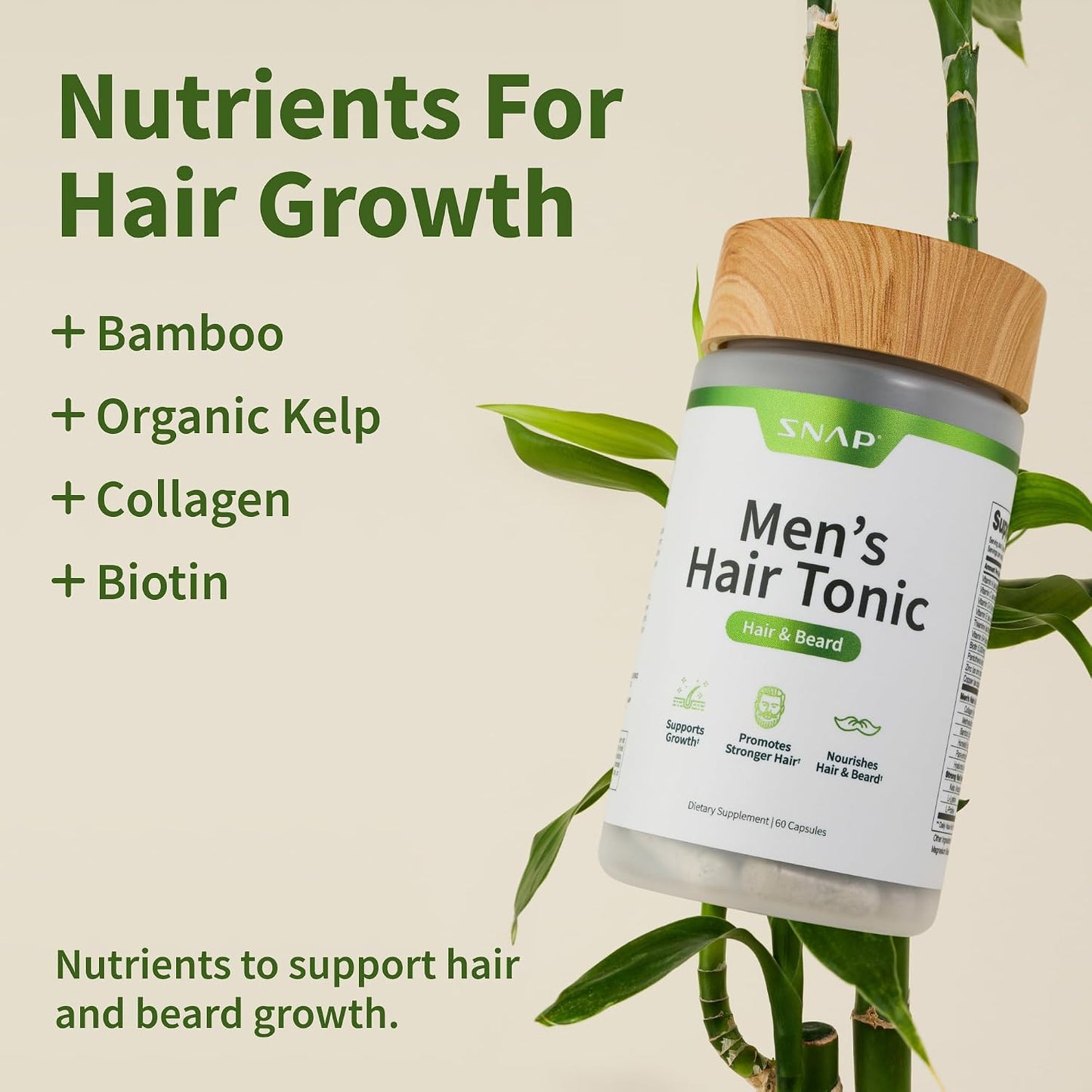 Snap Supplements Men's Hair Tonic, Vitamins for Men with Biotin, 60 Capsule | Nutritional Support for Hair, Skin, Nails & Beard with Kelp, Bamboo, Collagen Peptides, & Horsetail, Non-GMO, Gluten-Free